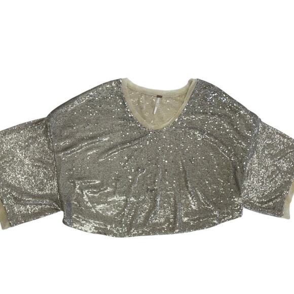Free People Top Womens Small Gold Champage‎ Dreams Sequin Blouse Glam - Picture 2 of 10